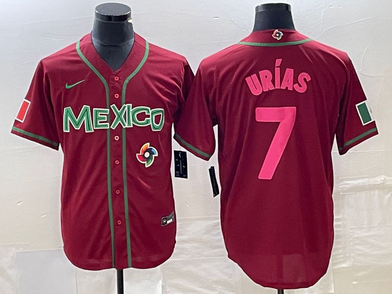 Men 2023 World Cub Mexico 7 Urias Red pink Nike MLB Jersey13